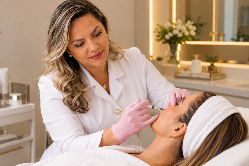 Dra. Adna Barbosa aplicando bioestimulador de colágeno em Londrina